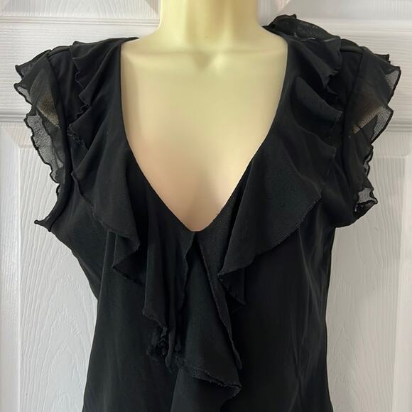 The Limited Black Nylon Mesh Knit Top Blouse Woman Medium V-Neck Ruffle - Picture 2 of 10